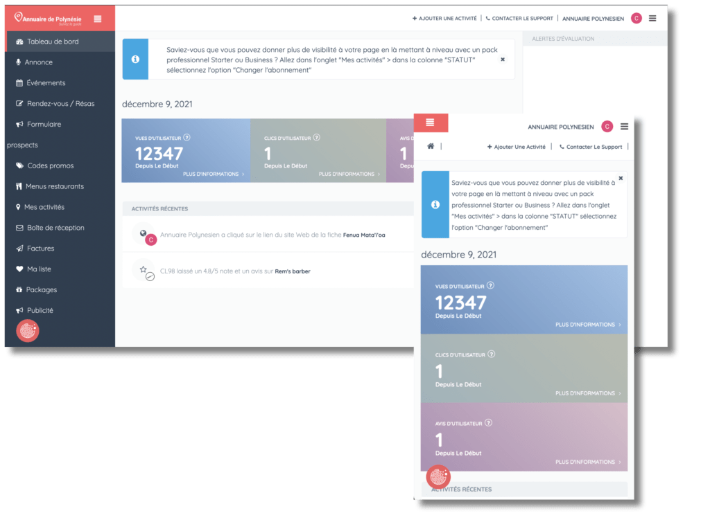 visuel du tableau de bord